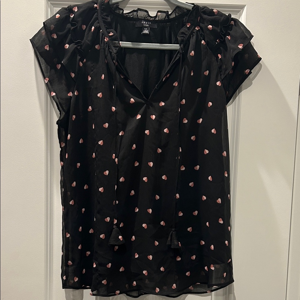Haver V Neck Sheer Black Blouse with Pink Heart Accents Women’s Size Medium - Picture 7 of 7